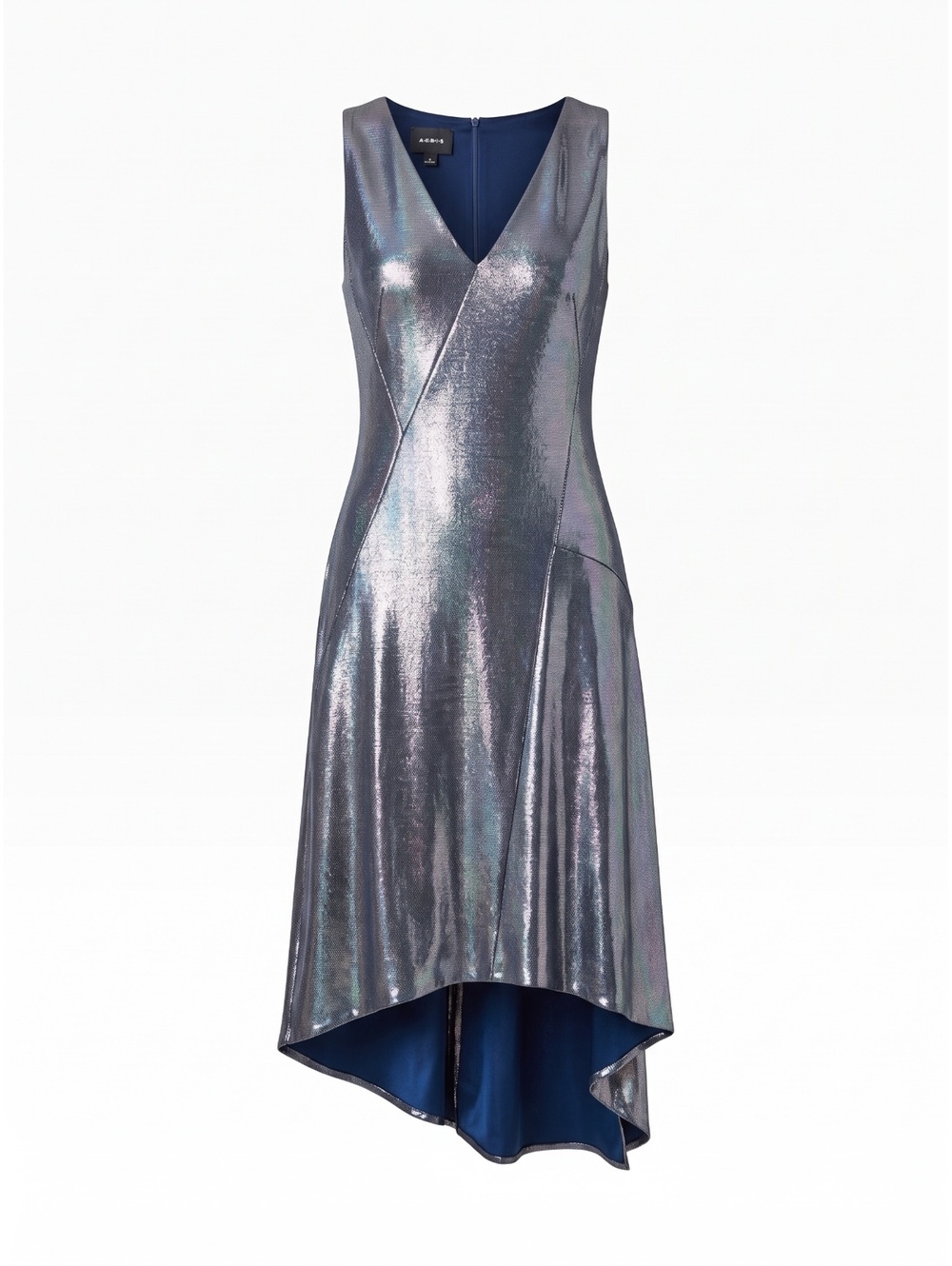 NWT AKRIS Iridescent Metallic Lamé Asymmetric Dress Deep Blue US 8